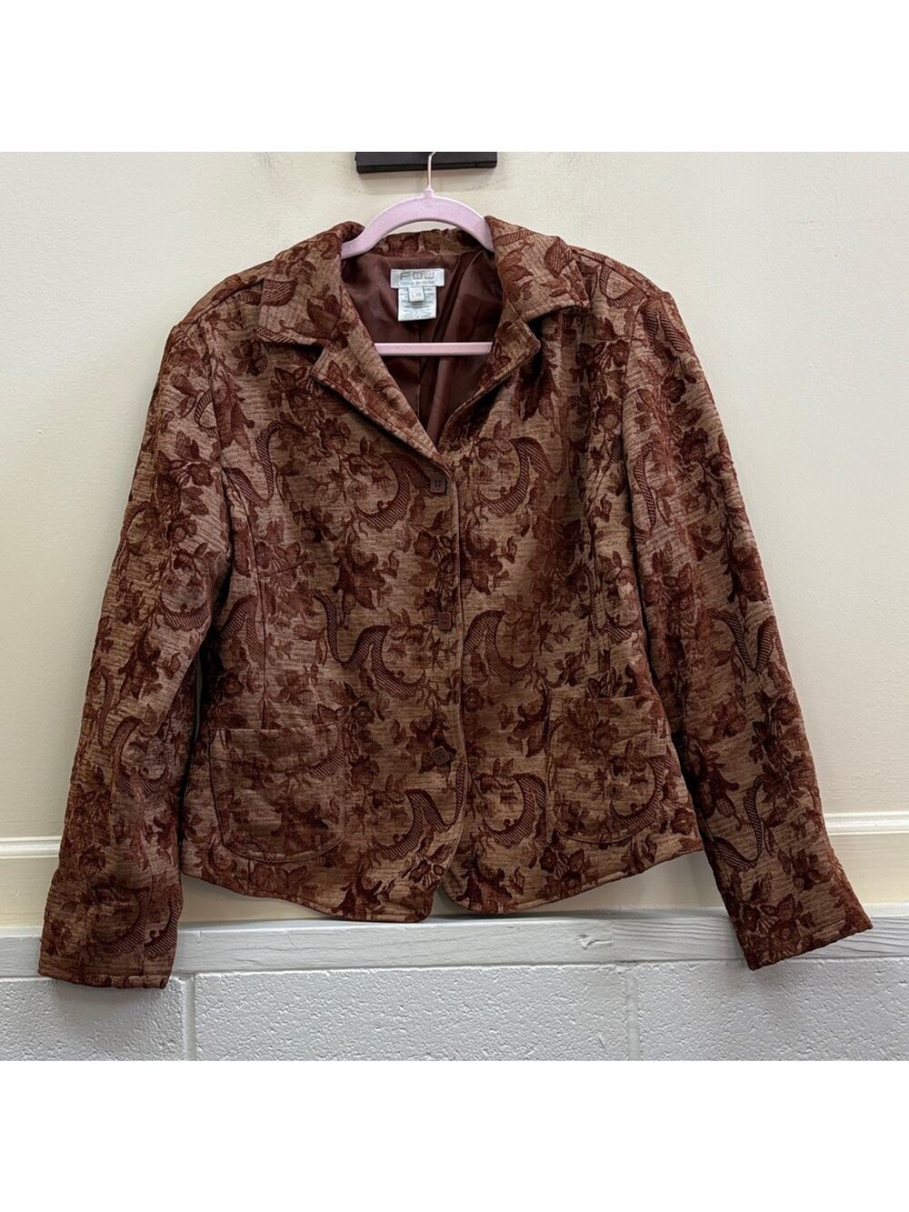 French Fressing vintage women’s L Elegant Brown Floral Tapestry Jacket